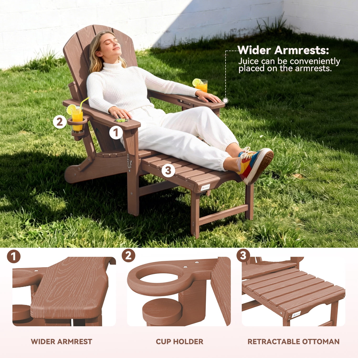 Erinnyees 3-Level Adjustable Adirondack Chair with Retractable Ottoman, HDPE All-Weather Folding Fire Pit Chair with 2 Cup Holders, Outdoor Chair for Garden