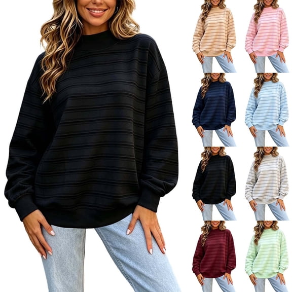 Jowdiw Womens Striped Mock Neck Sweatshirt Long Sleeve Drop Shoulder Loose Pullover Top