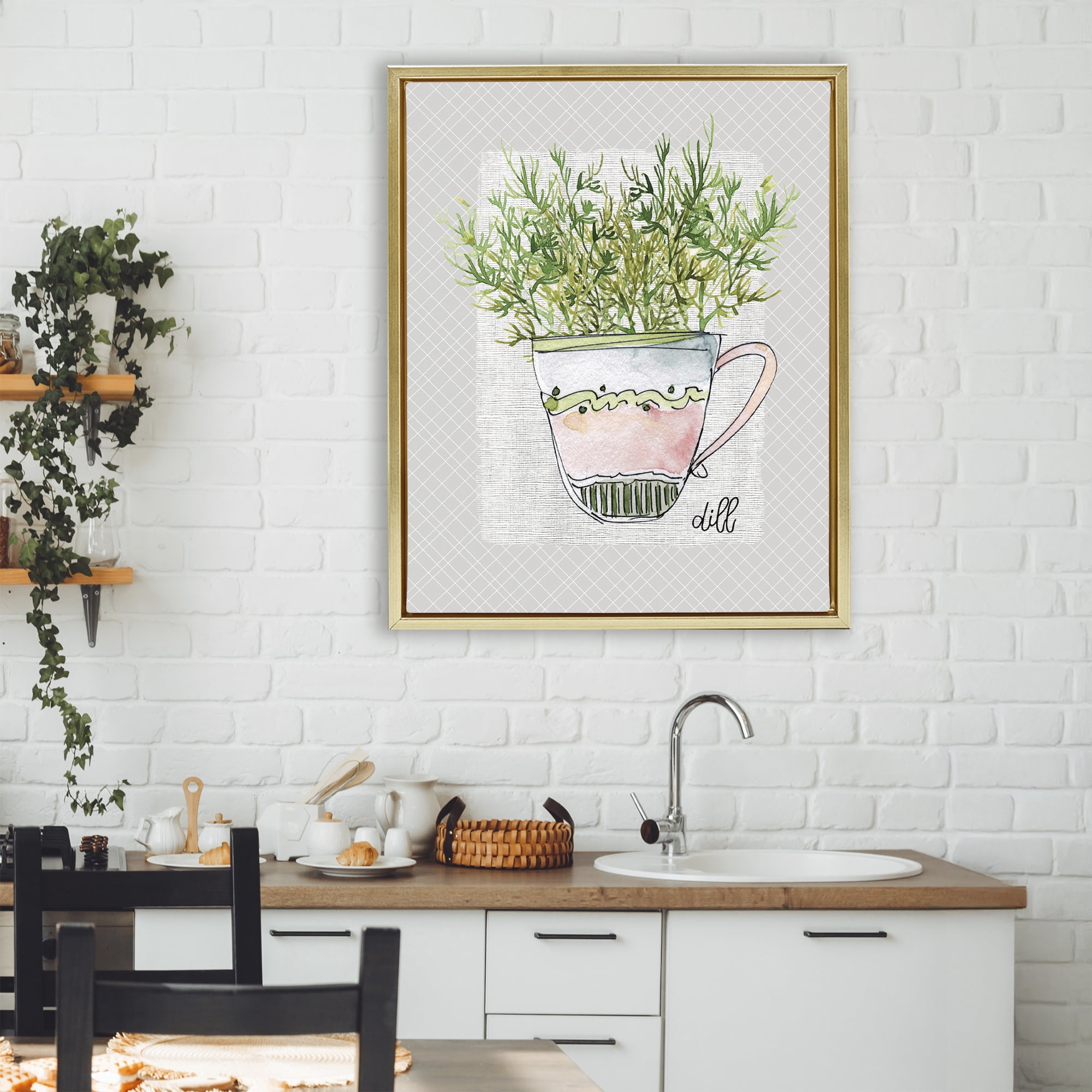 Stupell Industries Dill Herb Mug Gold Framed Floater Canvas Wall Art, design by Livi Finn
