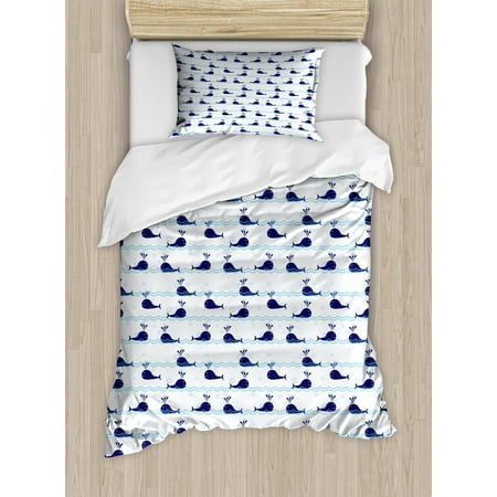 - Whale Twin Size Duvet Cover Set, Horizontal Stylized Ocean Waves with Blue Fishes Cute Animals of Sea, Decorative 2 Piece Bedding Set with 1 Pillow Sham, Navy Blue Pale Blue White, by Ambesonne