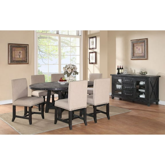 Yanez 6PC Round Table, 4 Fabric Chair & Sideboard Dining Set in Charcoal - Solid Wood