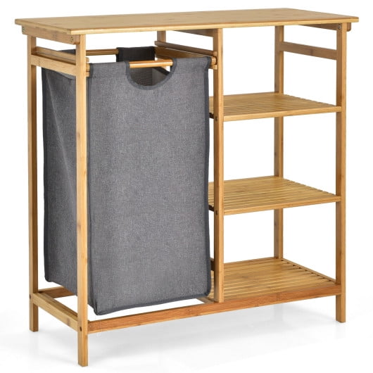 Bamboo Laundry Hamper Stand with Removable Sliding Bag and 3Tier Open