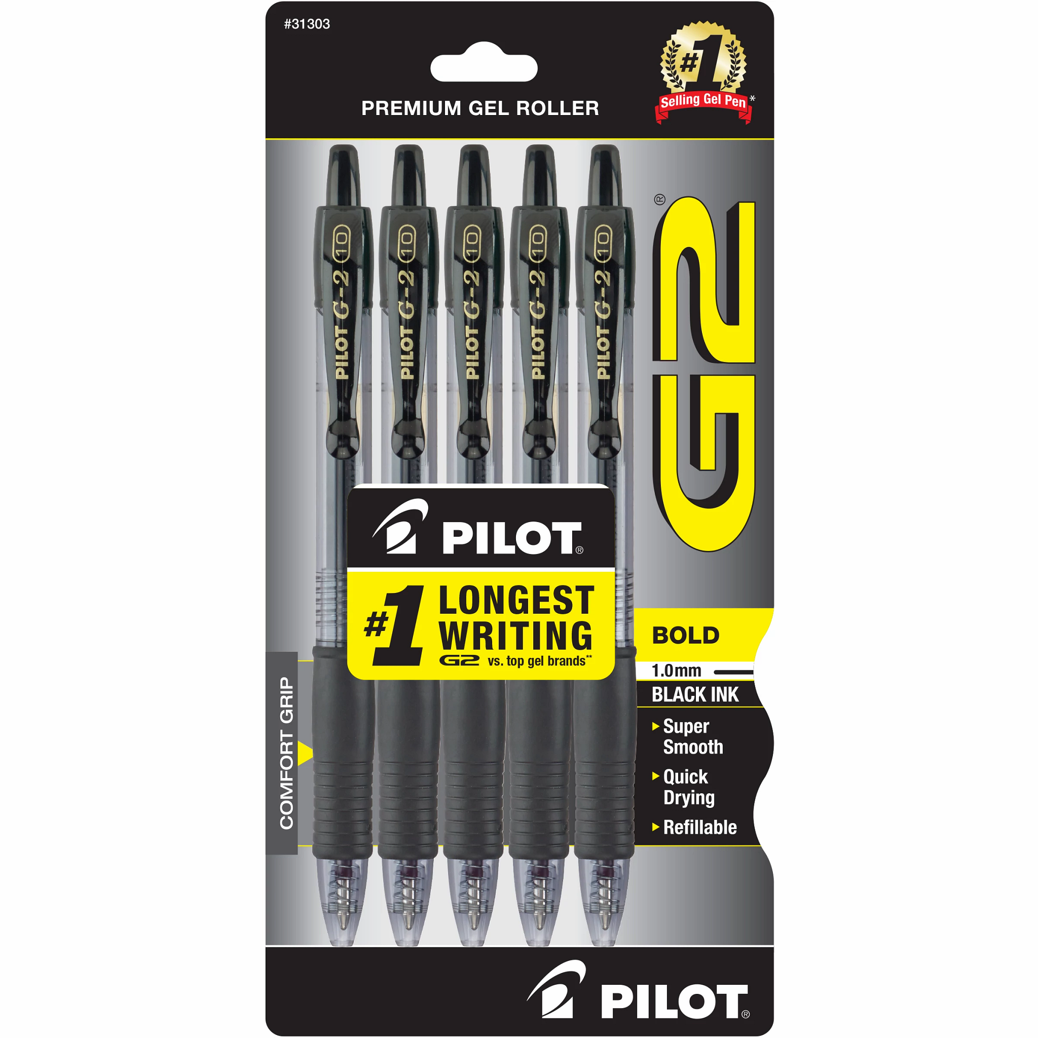 Pilot G2 Retractable Gel Ink Pens, Bold Point, 1.00 mm, Black Ink, 5 Count