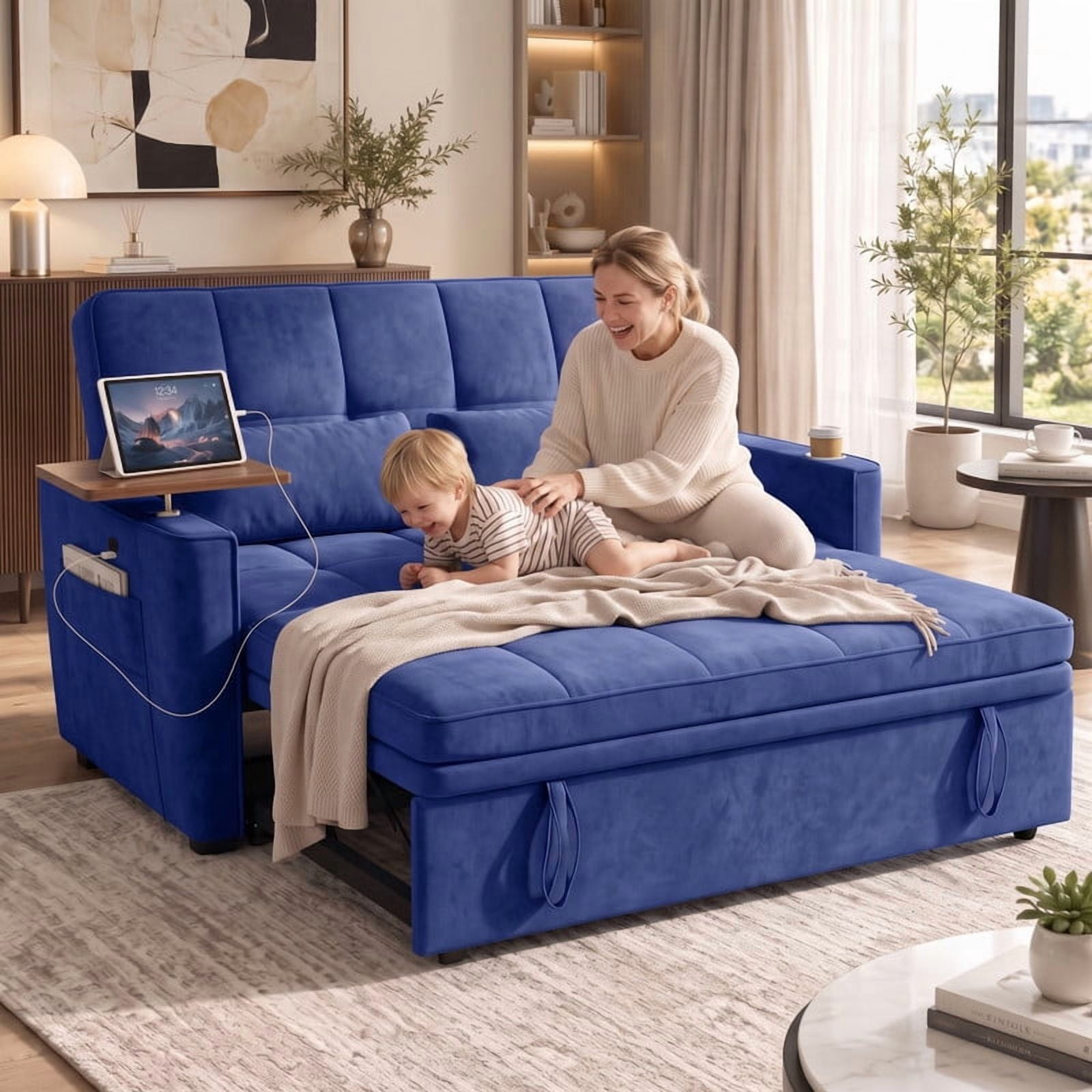 avobird 54'' Pull Out Sofa Bed, Convertible Sleeper Couch for for Living Room, Side Desk, USB Ports, Cup Hold, Velvet Fabric, Adjustable Backrest, Blue