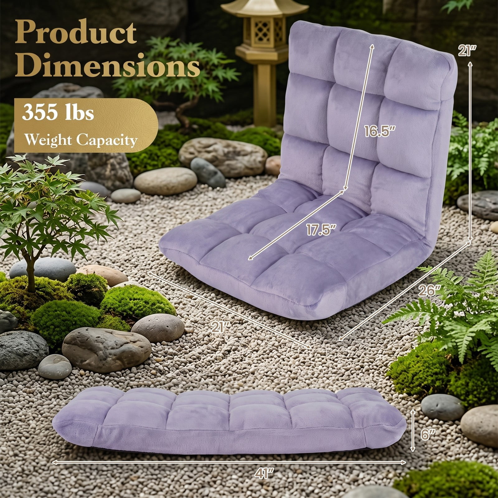 Furnibear 14-Position Adjustable Floor Chair, Padded Folding Lazy Sofa Gaming Chair with Cushioned Back Support for Living Room Bedroom Reading Meditation, Light Purple