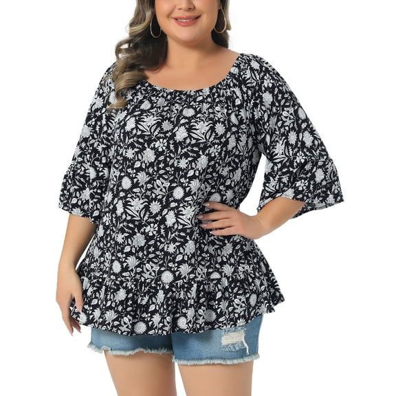 Agnes Orinda Women's Plus Size Easter Tops Floral Ruffle Hem Crew Neck Off Shoulder Half Sleeve Blouse Summer T-Shirt 2X Black