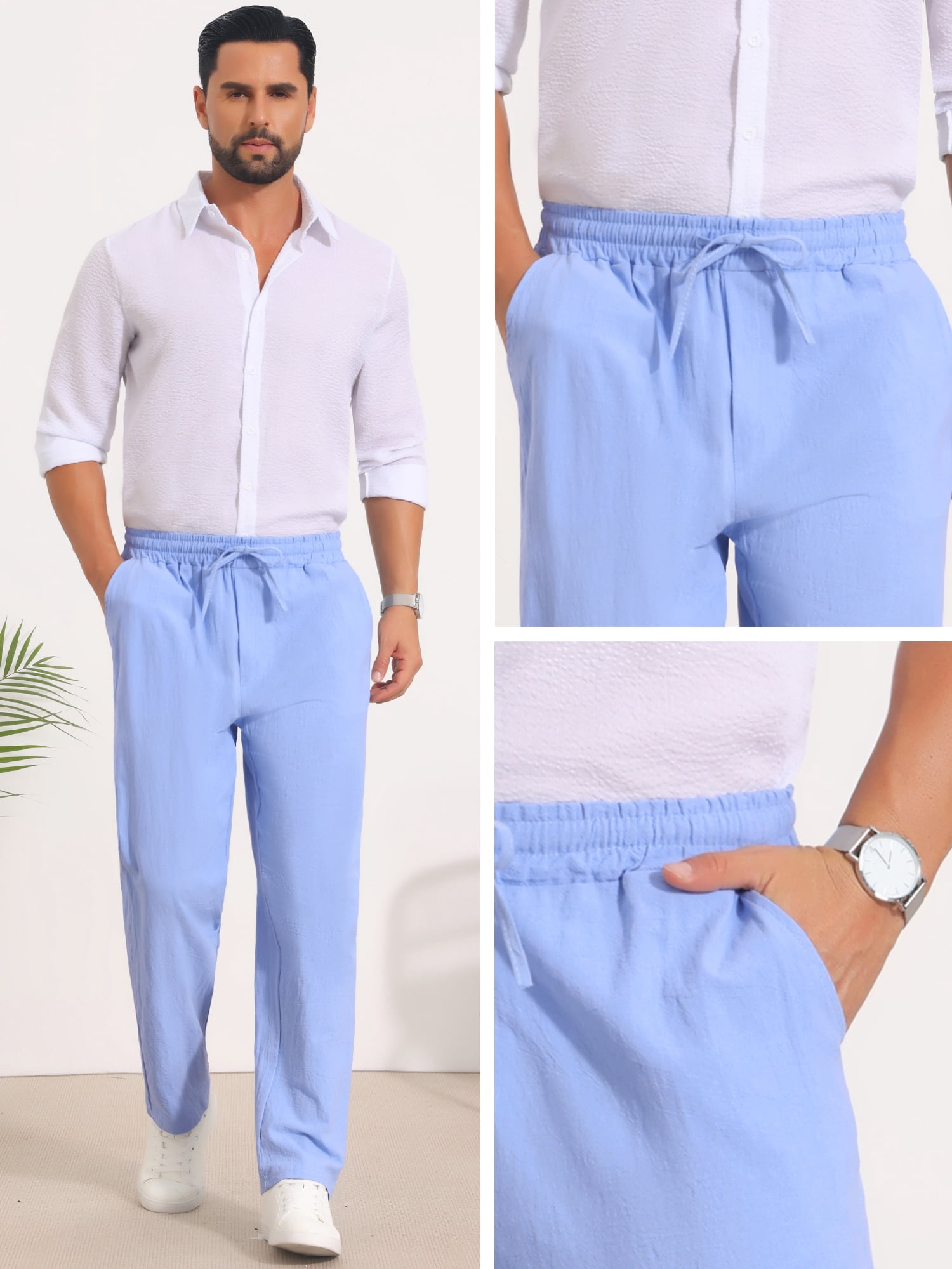 DARING DIVA Men's Beach Pants Drawstring Waist Breathable Summer Linen Pants 30 Light Blue