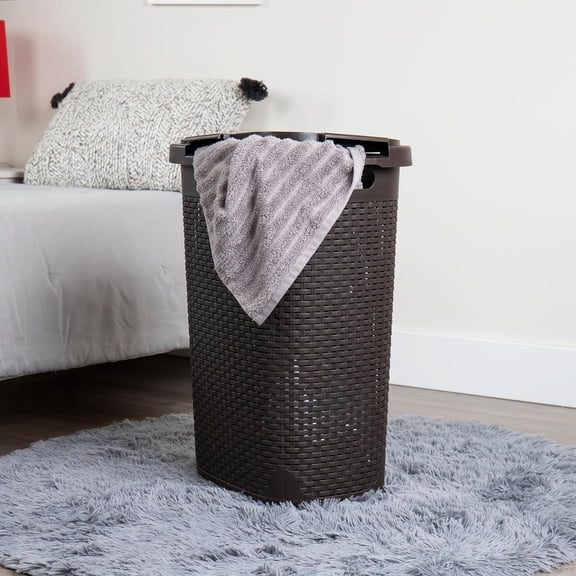 60L Slim Plastic Laundry Hamper with Lid - Brown Premium Wicker Style Clothes Basket for Home