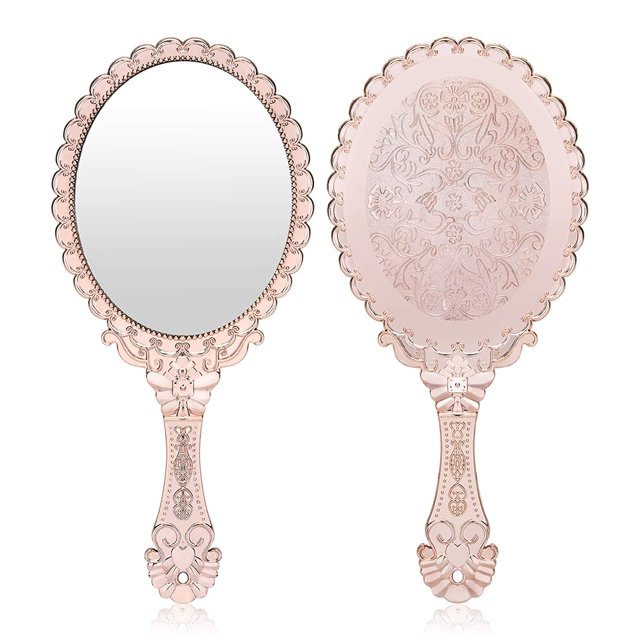 Handheld Mirror, Small Cute Hand Held Decorative Mirrors for Girls Makeup Embossed Flower Portable Travel Personal Cosmetic Mirror with Powder Puff - Rose Gold