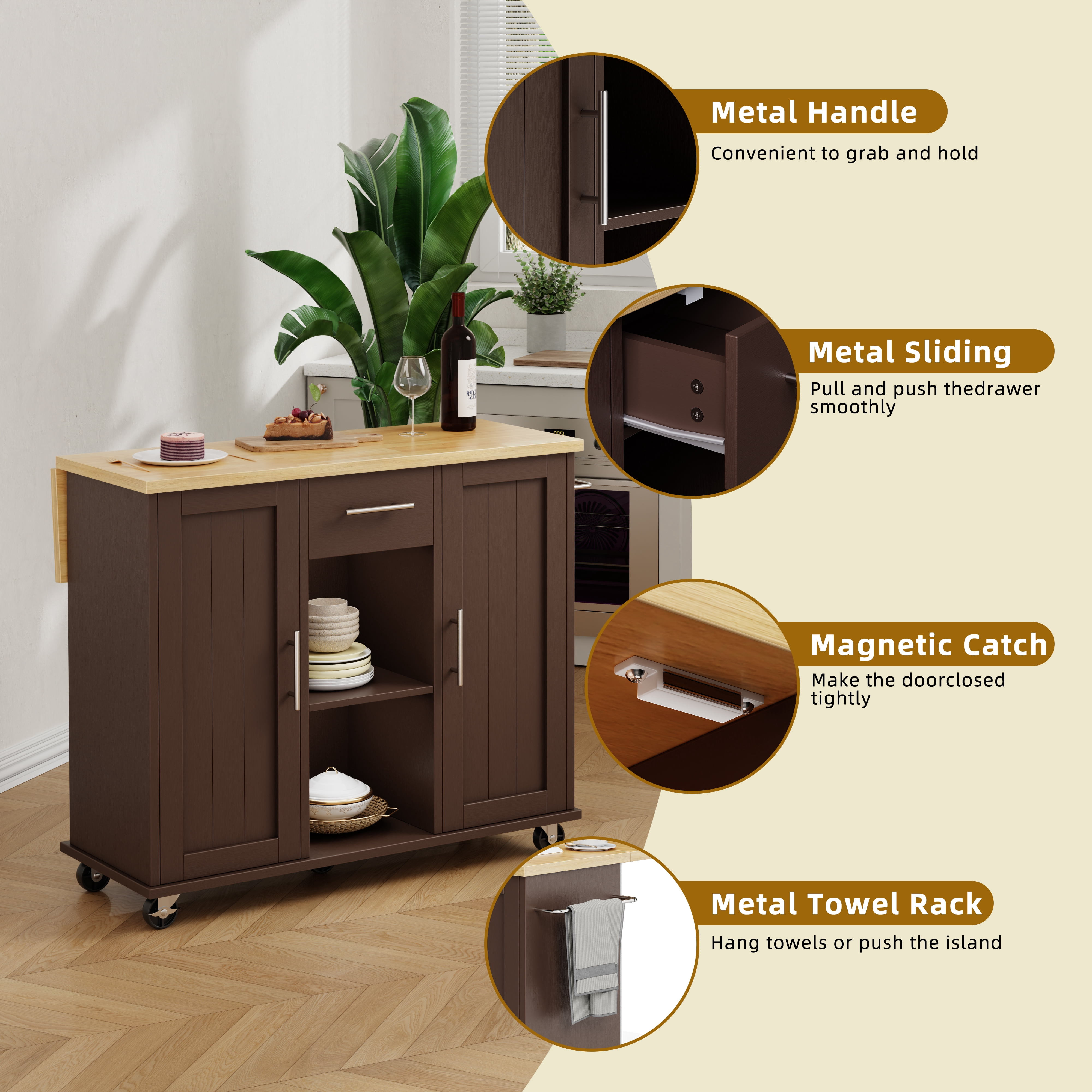 Walsunny Kitchen Islands Carts with Drop Leaf Table 1 Drawer 5 Wheels 2 Magnetic Doors Rolling Storage Cabinet Brown