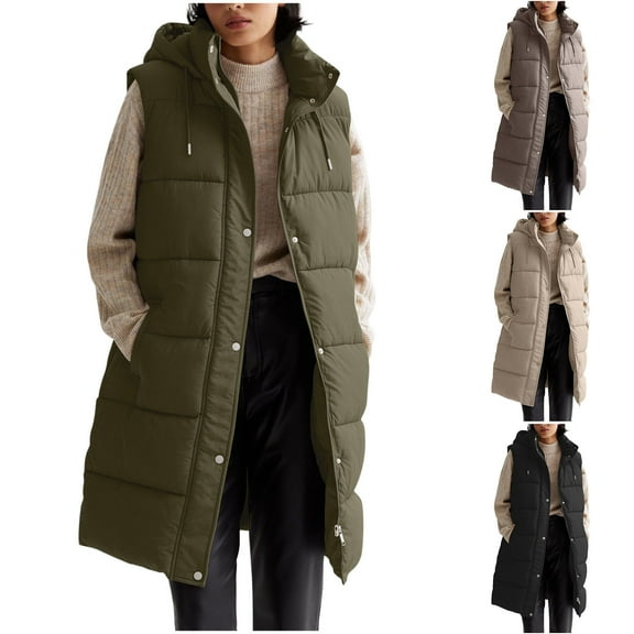 FRSASU Long Cotton Vest Women Sleeveless Hooded Cotton Jacket Lightweight Quilted Jackets Winter Warm Zip Up Coat Outerwear Khaki