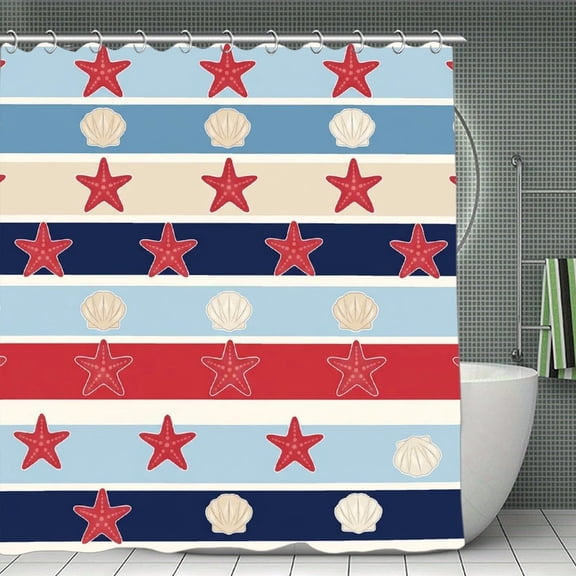 Americana Coastal Stripes Print Shower Curtain,Modern Fabric Waterproof Shower Curtain Set with Hooks 70.8×70.8Inch (180×180cm)