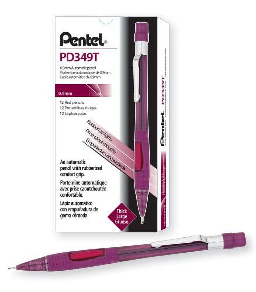 Pentel Quicker Clicker Automatic Pencil, 0.9mm Lead Size, Transparent Red  Barrel, Box of 12 (PD349TB) 