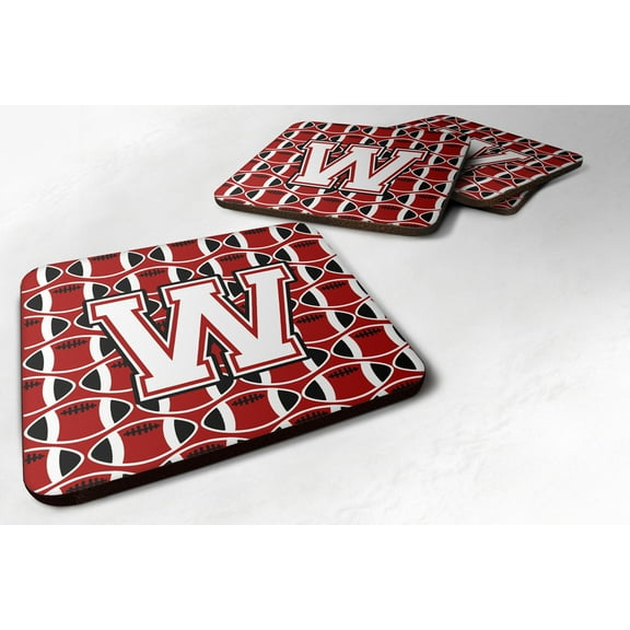 Letter W Football Cardinal and White Foam Coaster Set of 4
