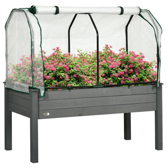 Outsunny Raised Garden Bed with PE Greenhouse Cover, Dark Gray