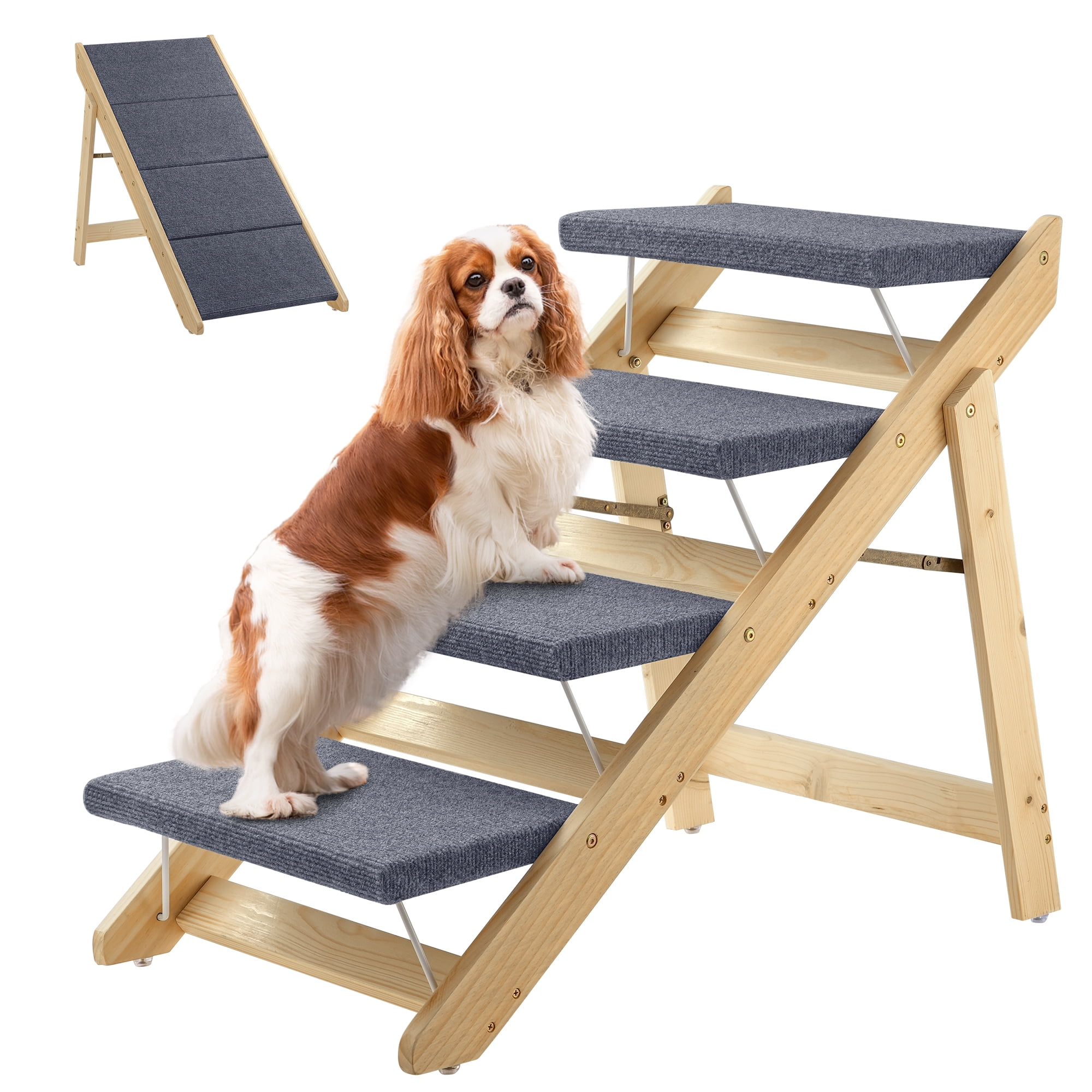 DAWNSPACES Pet Stairs, 2 in 1 Wood Foldable Dog Stairs Ramps, Wooden