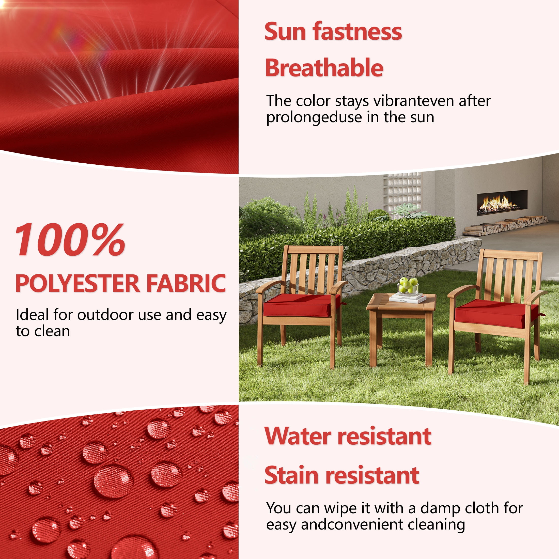 Kimunuk Outdoor Chair Cushions set of 2, 17" x 16" Zipped Waterproof Outdoor Seat Cushions Couch Pads with Ties for Patio Furniture, Red
