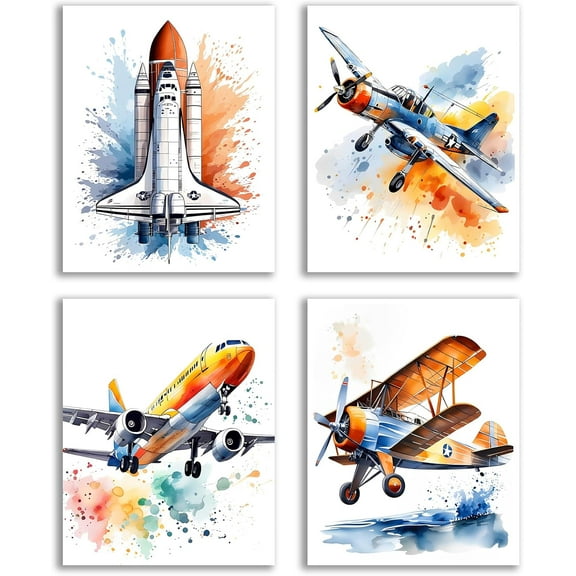 Watercolor Airplane Wall Art Print,Interesting watercolor Cartoon Aircraft Posters,Aviation Fan Poster Prints for Playroom or Nursery Boy Bedroom Decor Set of 4(8''X10''Unframed)