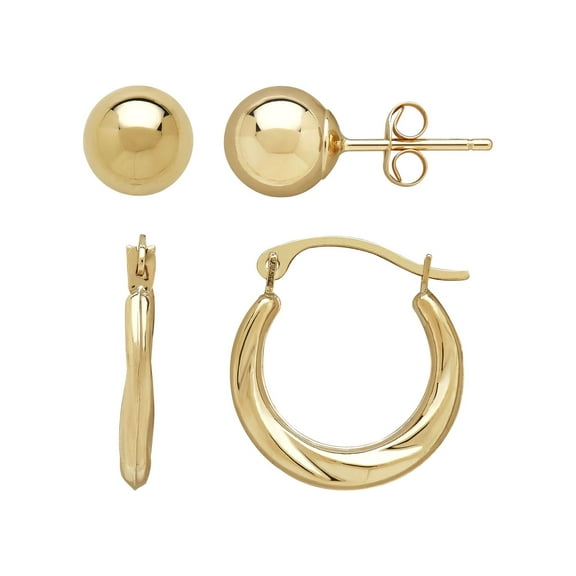 Brilliance Fine Jewelry 10K Hollow Round Swirl Hoop and 6MM Ball Studs Earrings Set