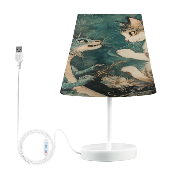 WOBOGO Cat and Dragon Drawing Table Lamps Bedroom 3-Speed Dimmable Farm Style with Fabric Shade for Reading and Home Office