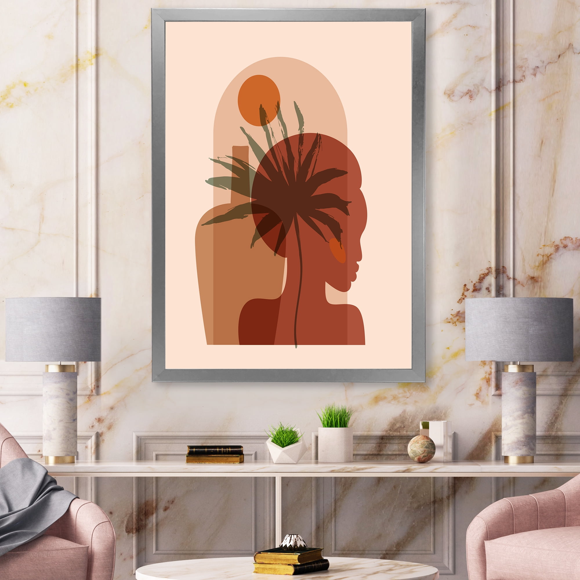 Designart 'Abstract Pretty Girl Portrait and Tropical Palm Leaf' Modern Framed Art Print
