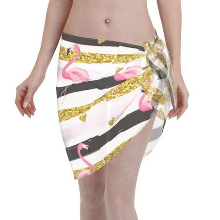 Disketp Gold Glittering Hearts And Flamingos Women Swimsuit Cover Up Short Chiffon Summer Beach Sarong Bikini Wrap Skirt Bathing Suit