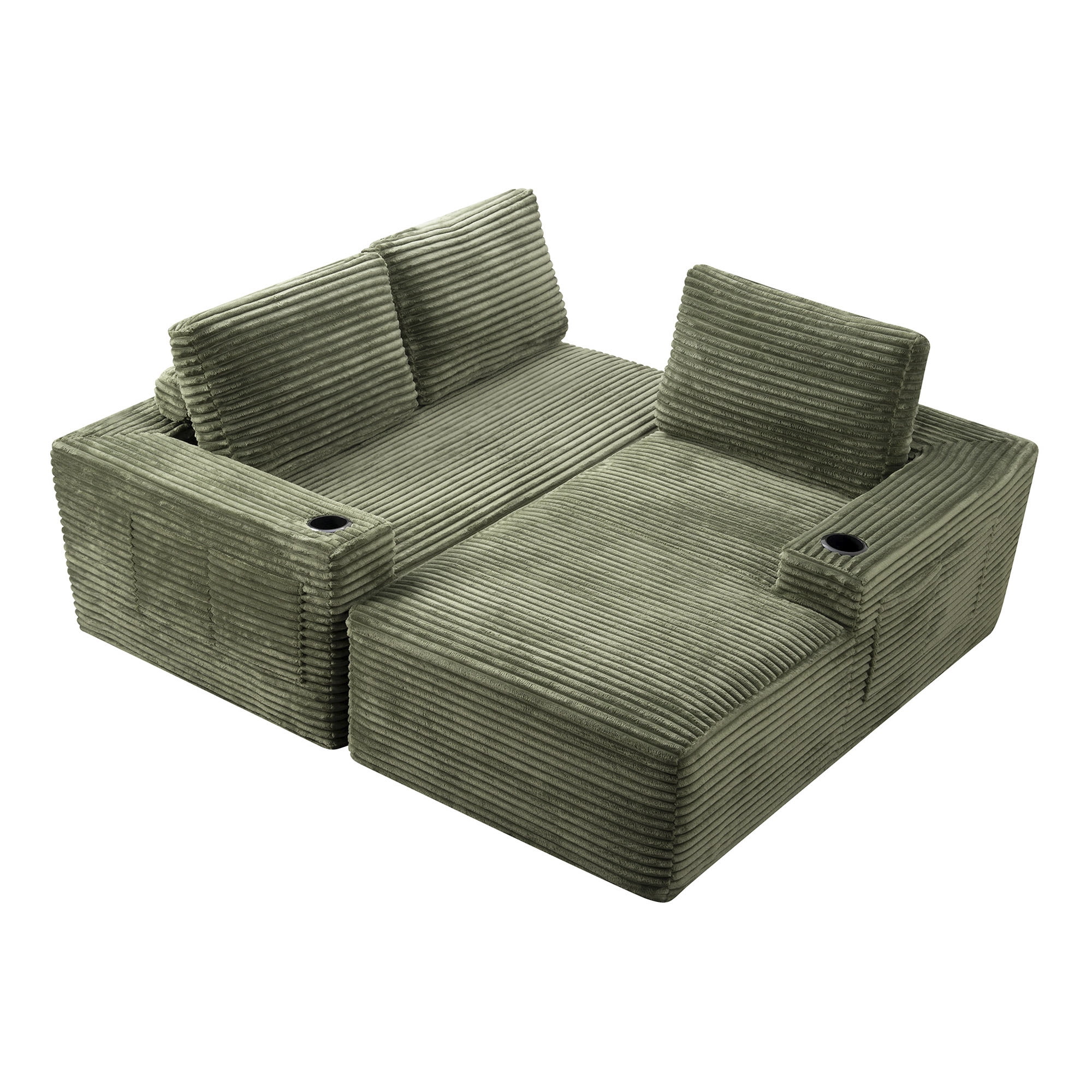 L-Shape Cloud Couch Cup Holders, Modular 104" Cloud Sectional Sofa Corduroy Boneless Sofa Couch with Chaise for Living Room, Green