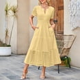 thumbnail image 4 of vigerkar Women's Summer Short Sleeve Maxi Dress Casual V Neck Hollow Out Eyelet Ruffle Swing A Line Long Dresses 2025 Light Yellow, L, 4 of 7