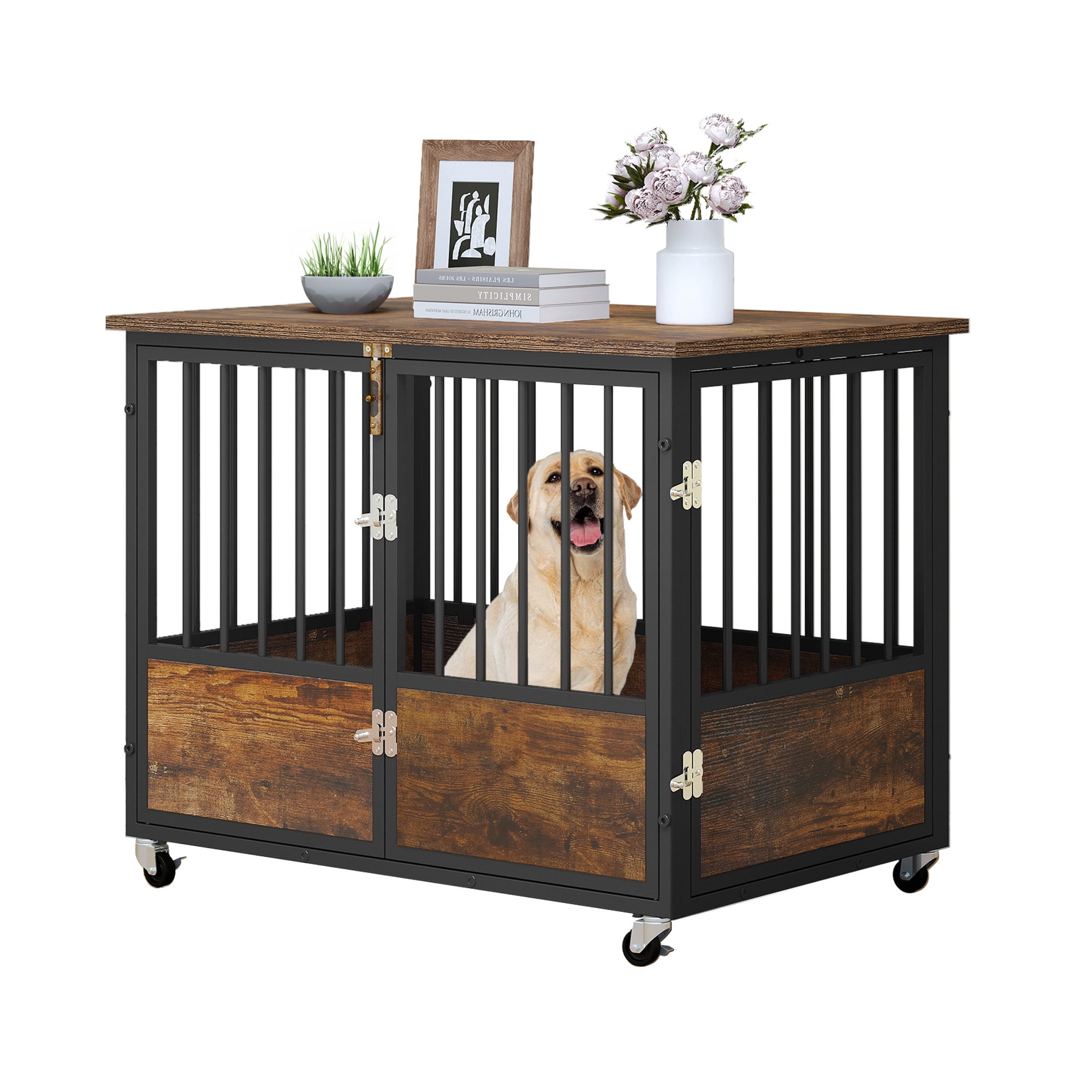 Uforic 38" Dog Crate Furniture with Double-Doors, Wooden Indoor Dog Kennel,Dog Cage for Indoor, Rustic Brown