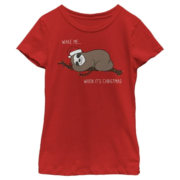 Girl's Lost Gods Christmas Wake Me Sloth  Graphic Tee Red Medium