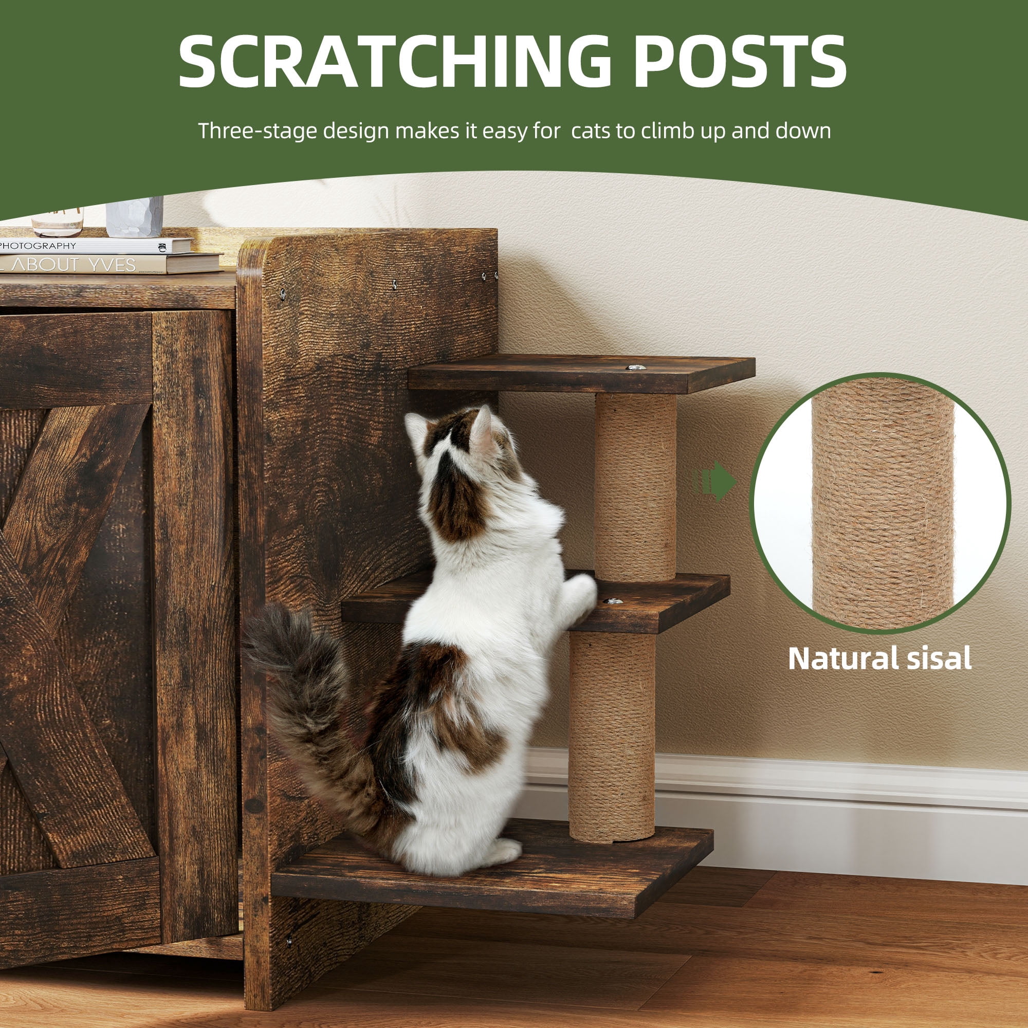 Uforic 27" Cat Litter Box Enclosure, Wooden Cat House Furniture with Scratching Posts & Plush Cushion, Rustic Brown