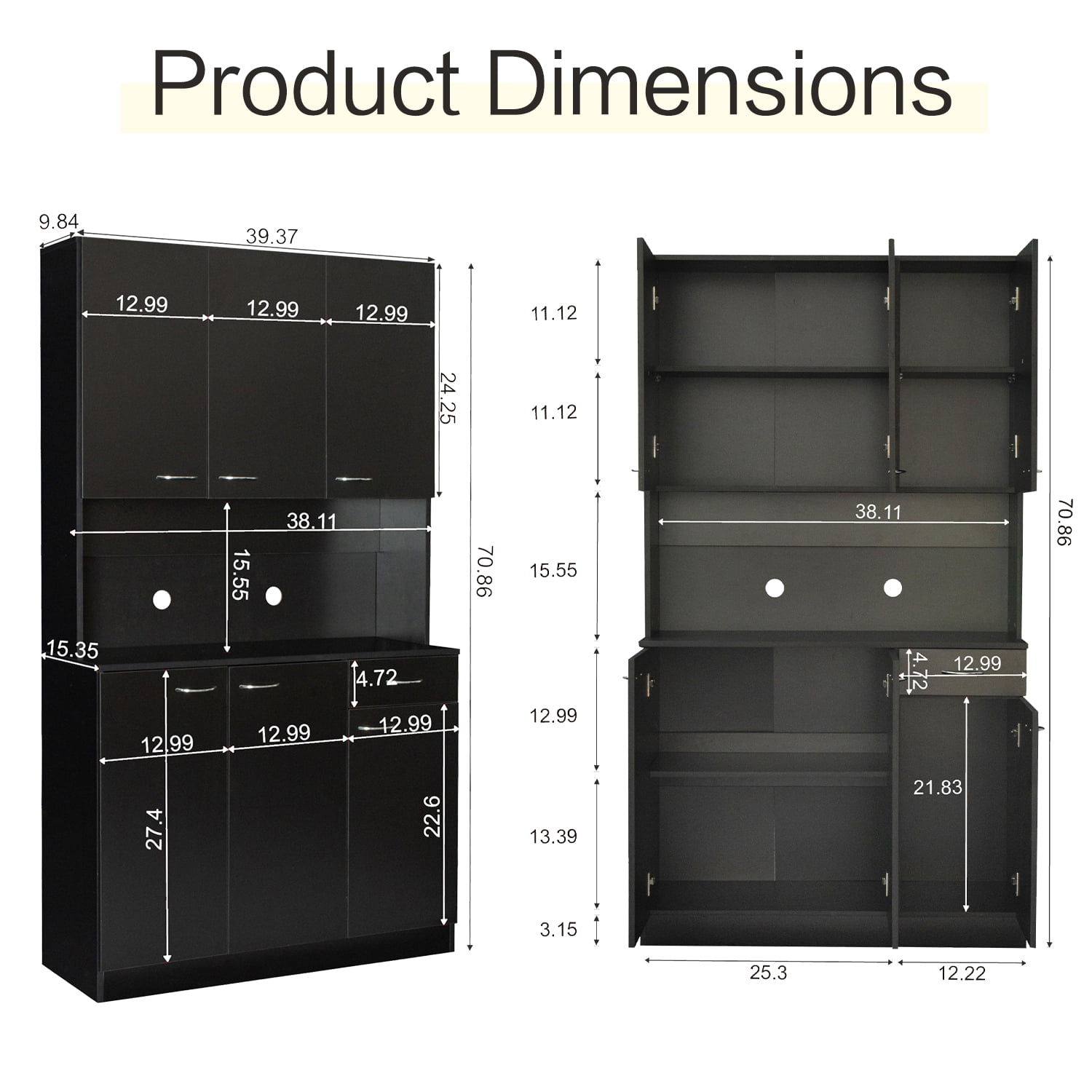 JOYSOURCE Kitchen Pantry Cabinets with 6 Doors and 3 Adjustable Shelves, 71" China Cabinet Hutch with Freestanding, Buffet Cabinet with Storage, Microwave Stand with Storage Cabinet, Black