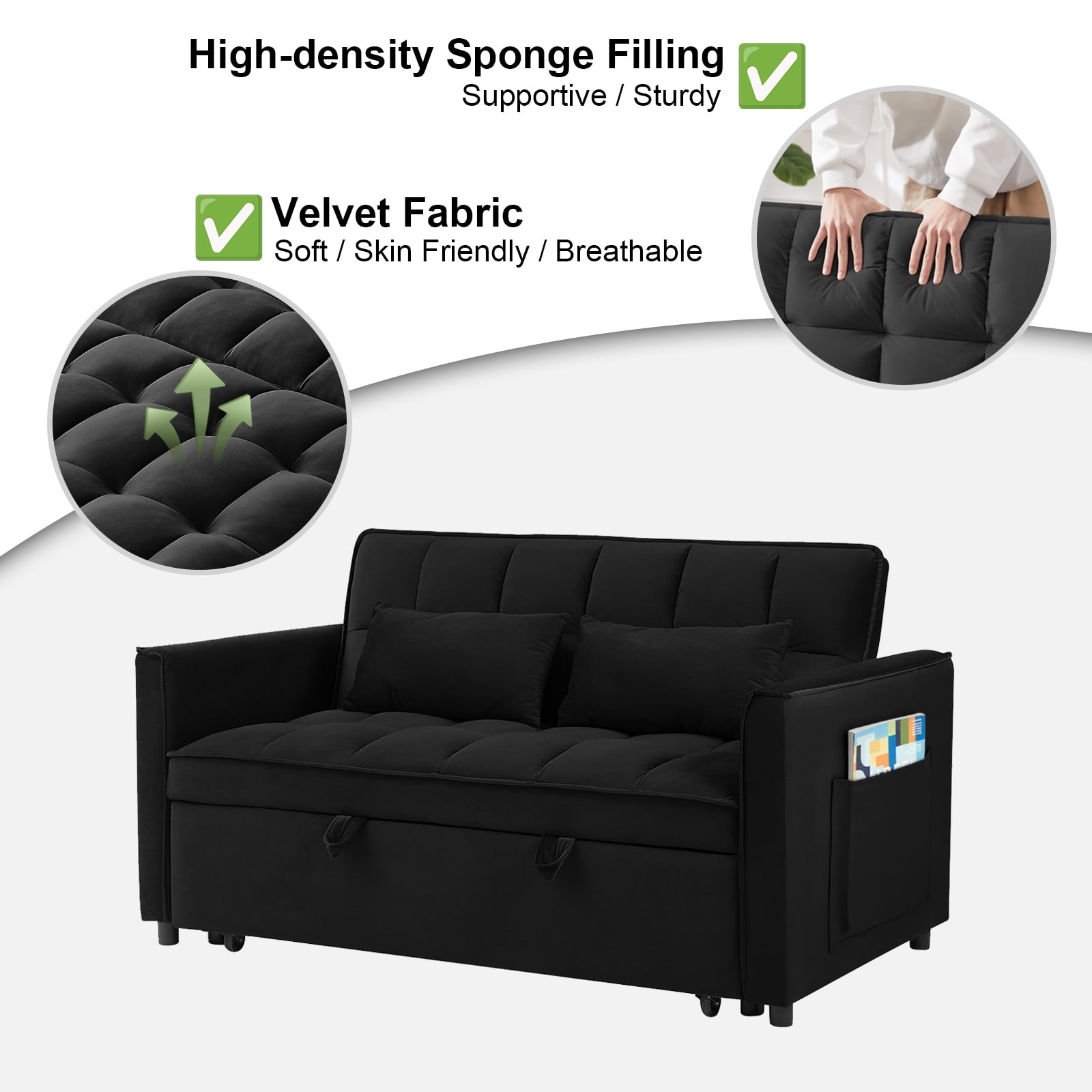 Howcool 55" 3 in 1 Convertible Sleeper Sofa Bed, Pull Out Loveseat Couch with Storage Pocket,Black