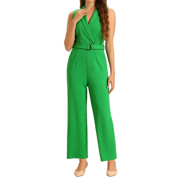 INSPIRAR CHIC Mono Corto Sin Mangas con Solapa para Oficina con Cinturón XL Verde Hierba