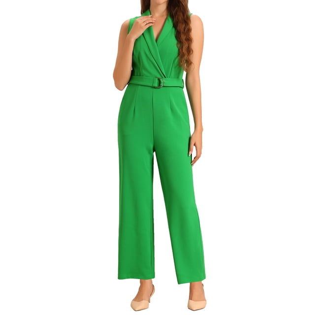 INSPIRAR CHIC Mono Corto Sin Mangas con Solapa para Oficina con Cinturón en Verde Pasto