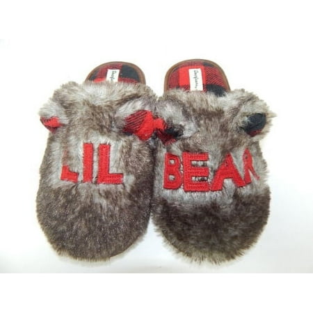 Dearfoams Lil Bear Big Kid's US Size 2-3 (EU 33-34) Faux Fur Slippers Plaid Gray