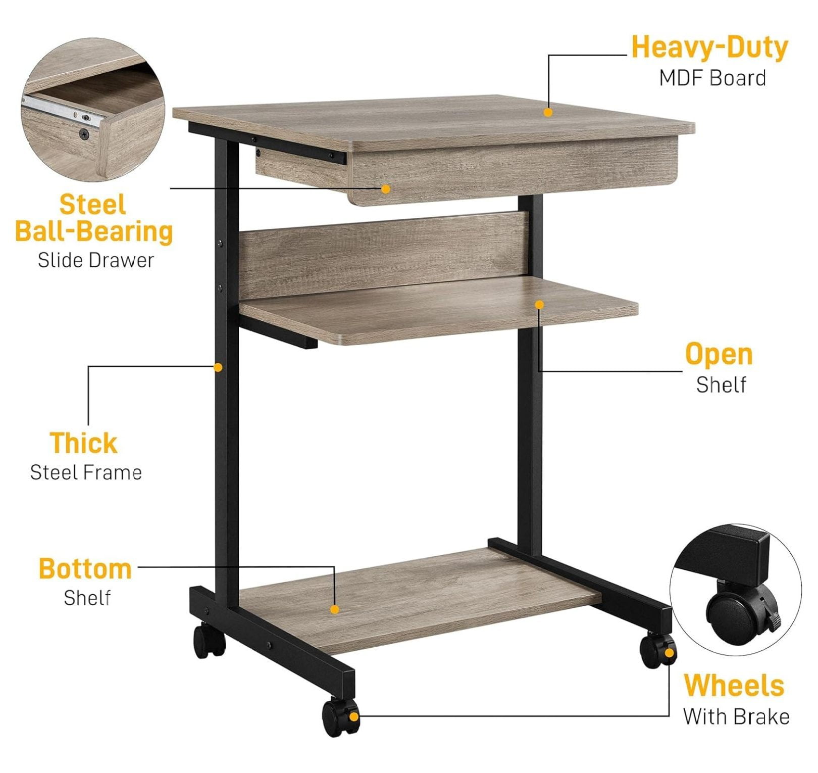 Gray Art Deco Desk, Rolling Computer Desk Cart with Drawer, Small Space for Writing, Laptop, PC, 22 x 20.1 x 31.5 inches