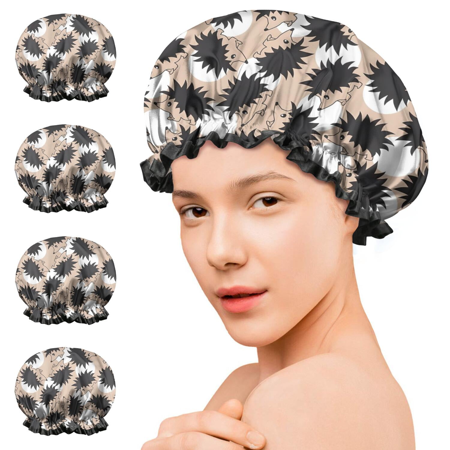 Shower Caps,Black Cute Hedgehog Pattern Waterproof Shower Cap for Women 4 Pieces,Double Reusable Hair Cover for Shower PEVA Elastic Stretch Hem