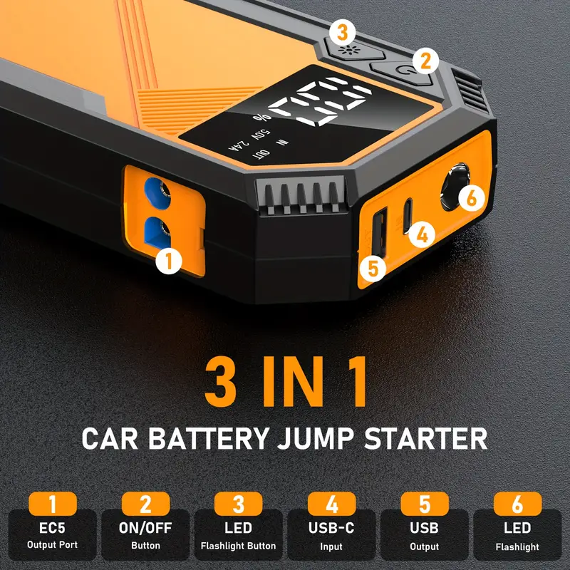 5000A Car Battery Charger Jump Starter, Portable Car Jump Starter with Dual USB Quick Charge and DC Output, 12V Jump Pack with Built-in LED Bright Light, Yellow