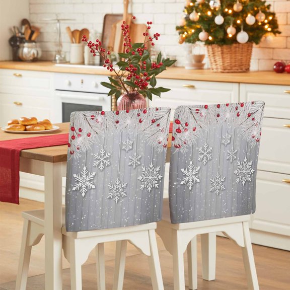 Winter Snowflake Chair Covers Set of 4 Christmas White Pine Branch Gray Wood Grain Chair Back Covers Stretch Removable Washable Slipcovers Protector for Dining Room Kitchen Party Decor