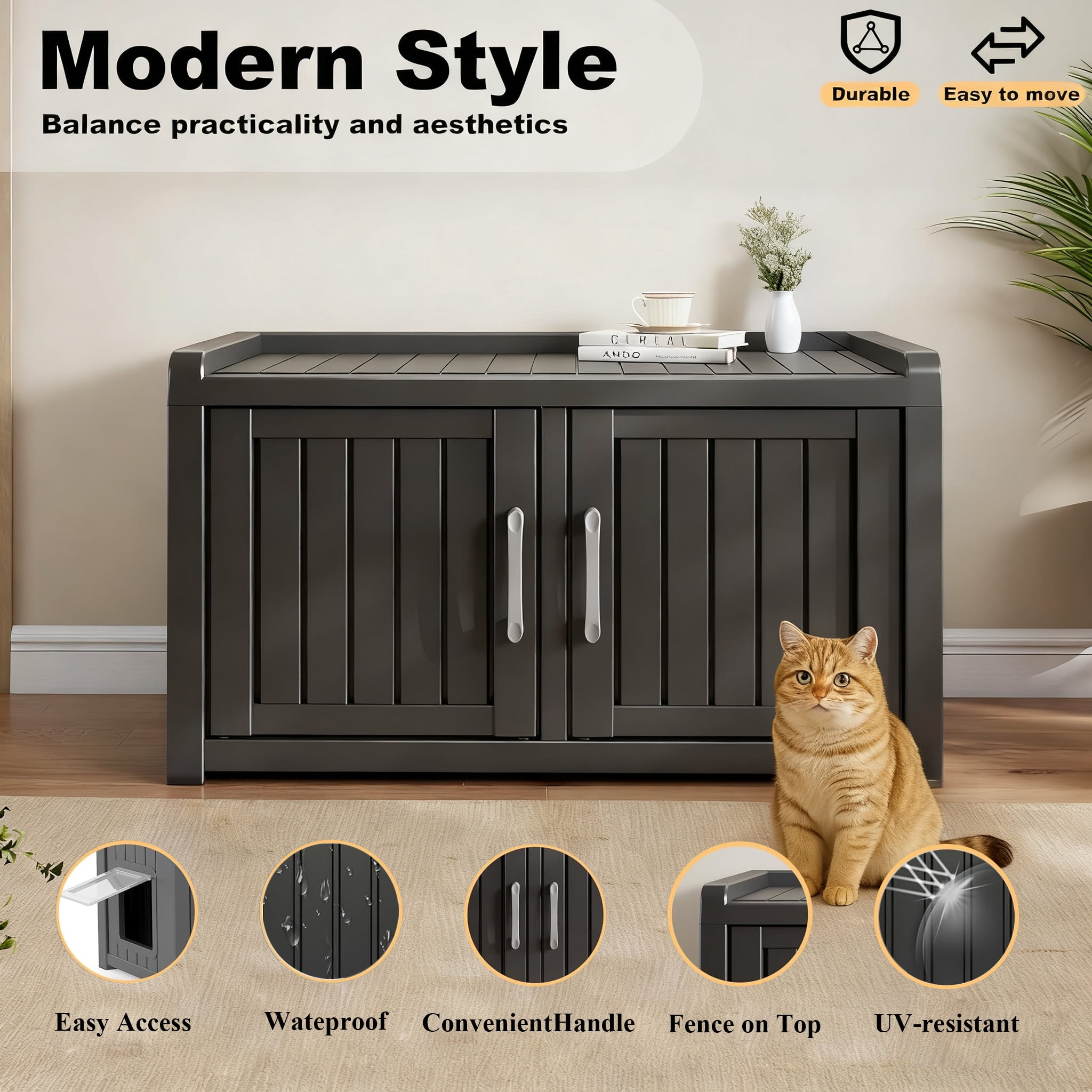 Decksplore Cat Cabinet (31.9"x16.7"x17.8"), HDPE Hidden Cat Litter Furniture, Dual-Door, Litter Box Furniture for Bedroom, Courtyard (Black)