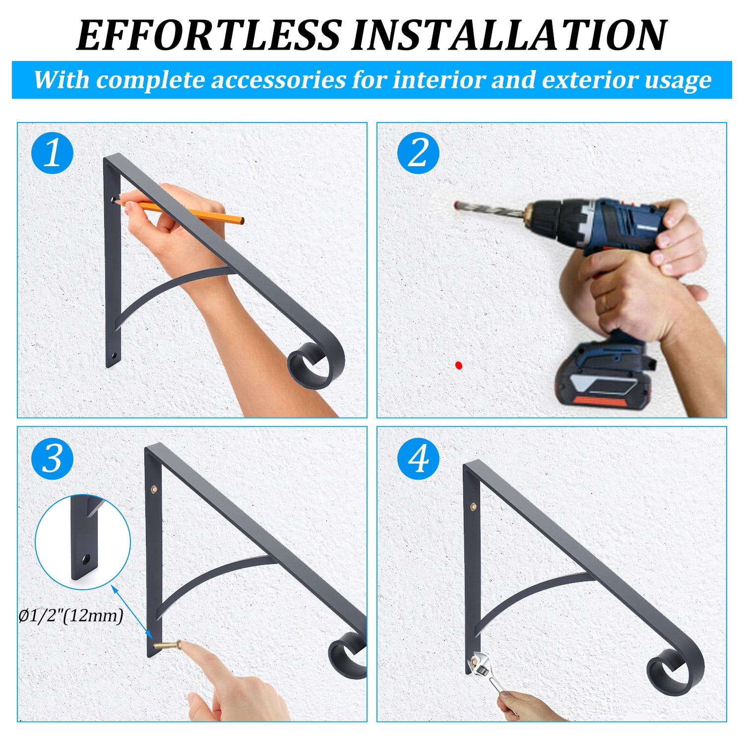 Kojem Steps Handrail Grab Bar, Wall Mounted Hand Railings, for Stairs Outdoor Garage Porch Rail, Safety Metal Art