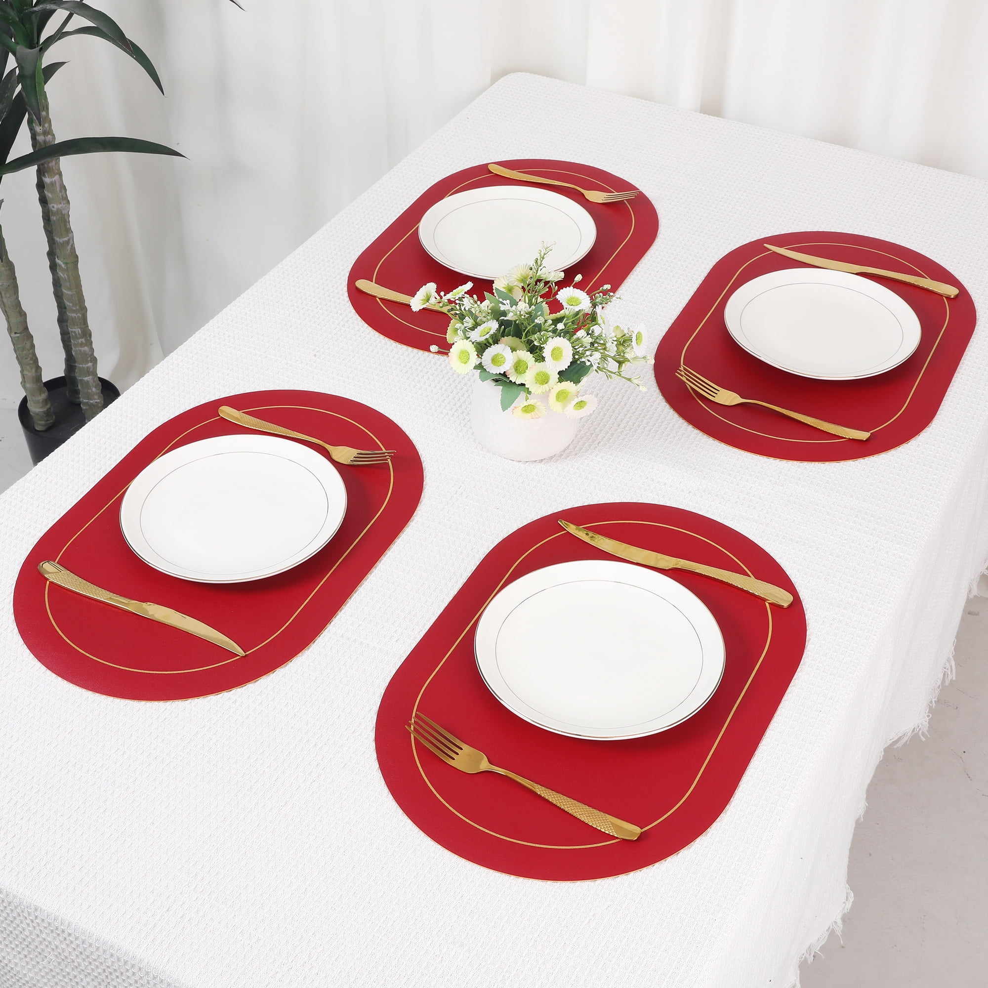 Unique Bargains Faux Leather Placemats for Kitchen Washable Table Placemats 6pk Black Red