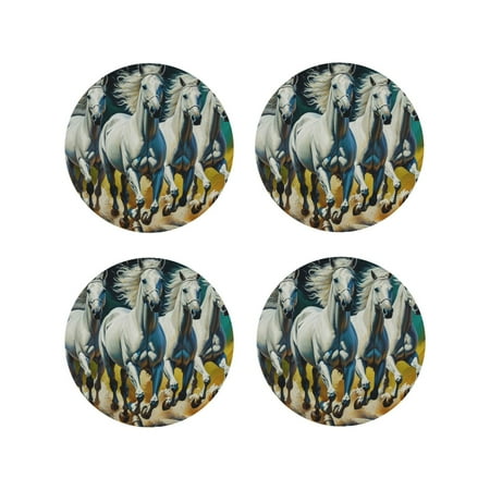 

Fuzoiu Running horses Print Leather Coasters Set Drink Coasters Set of 4 for Tabletop Protection Durable PVC Coasters Home Décor and Housewarming Gift-Round Shape