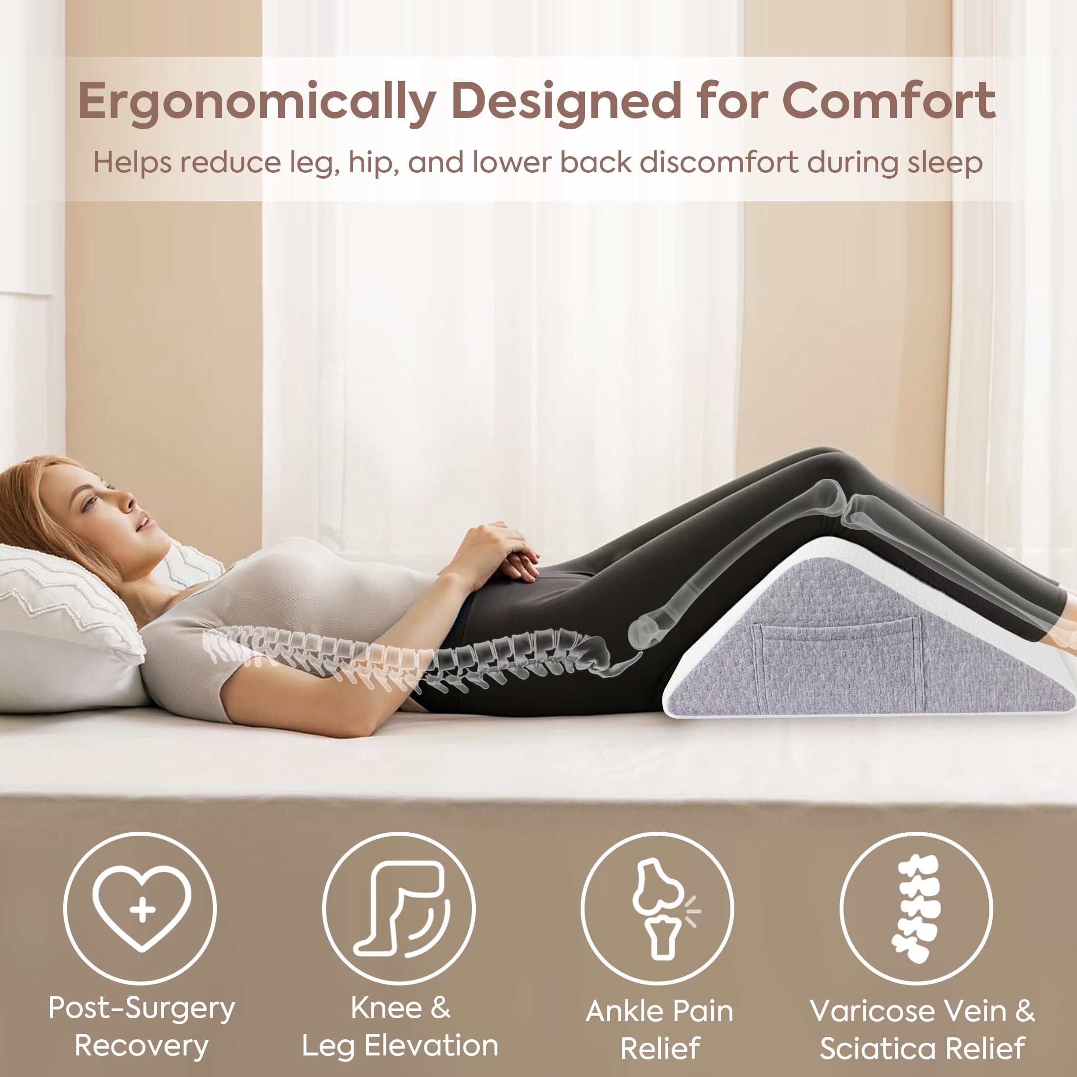MOONORAH Knee Wedge Pillow for Back Sleeping – Leg Elevation Cushion for Post Surgery Recovery, Hip, Knee & Tailbone Pain Relief, Triangle Bolster Support Pillow, White