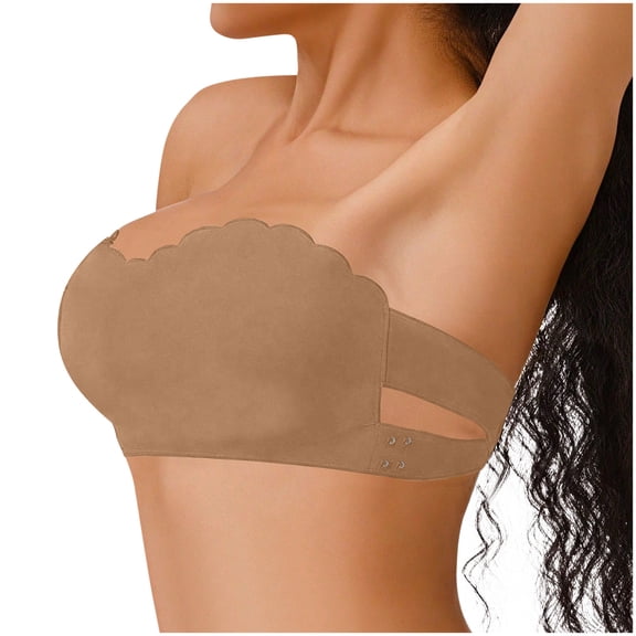 LNWUY Strapless Bras for Women, Side Buckle Comfortable Bandeau Top, Solid Color Wavy Edge Tube Top Brown M