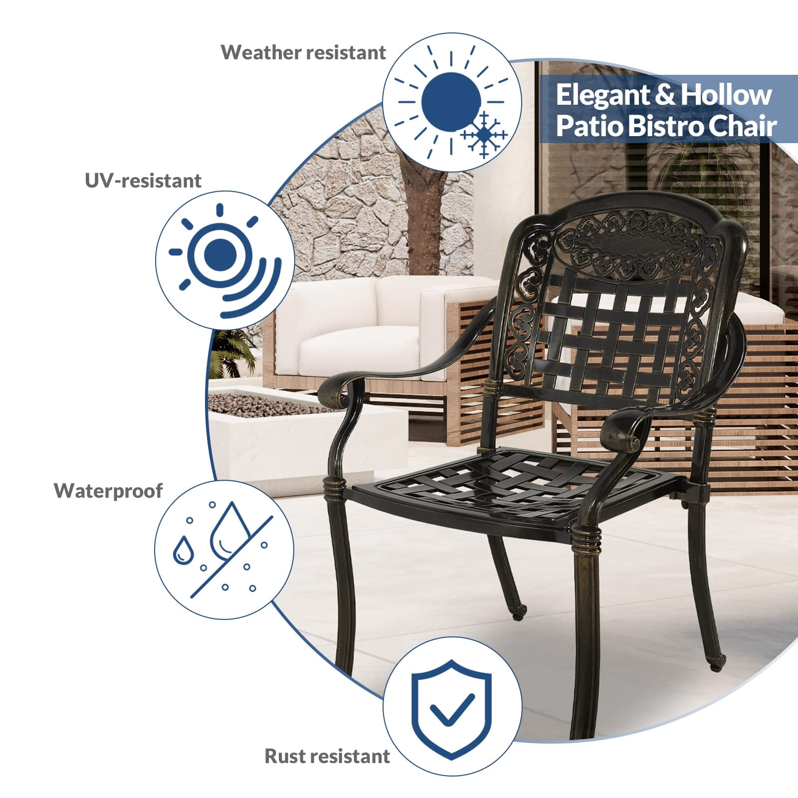SOCIALCOMFY 5-Piece Outdoor Patio Dining Set, All-Weather Cast Aluminum Furniture Conversation Set, Include 4 Chairs and a 38.5 inch Round Table with Umbrella Hole for Balcony, Lawn, Garden, Backyard