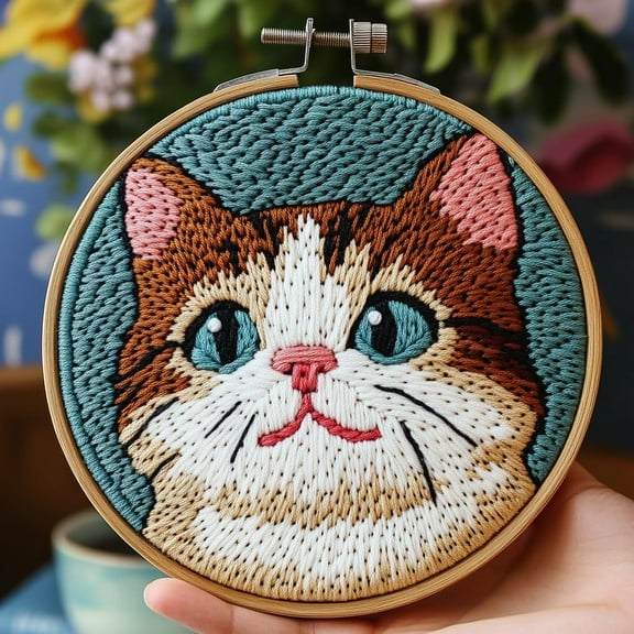 DIY Punch Needle kits Cute Cartoon Cat Easy for Beginners Punch Needle Yarn Starter Embroidery Set for Craft lovers with Hoop for Home Decor 20x20cm(1)