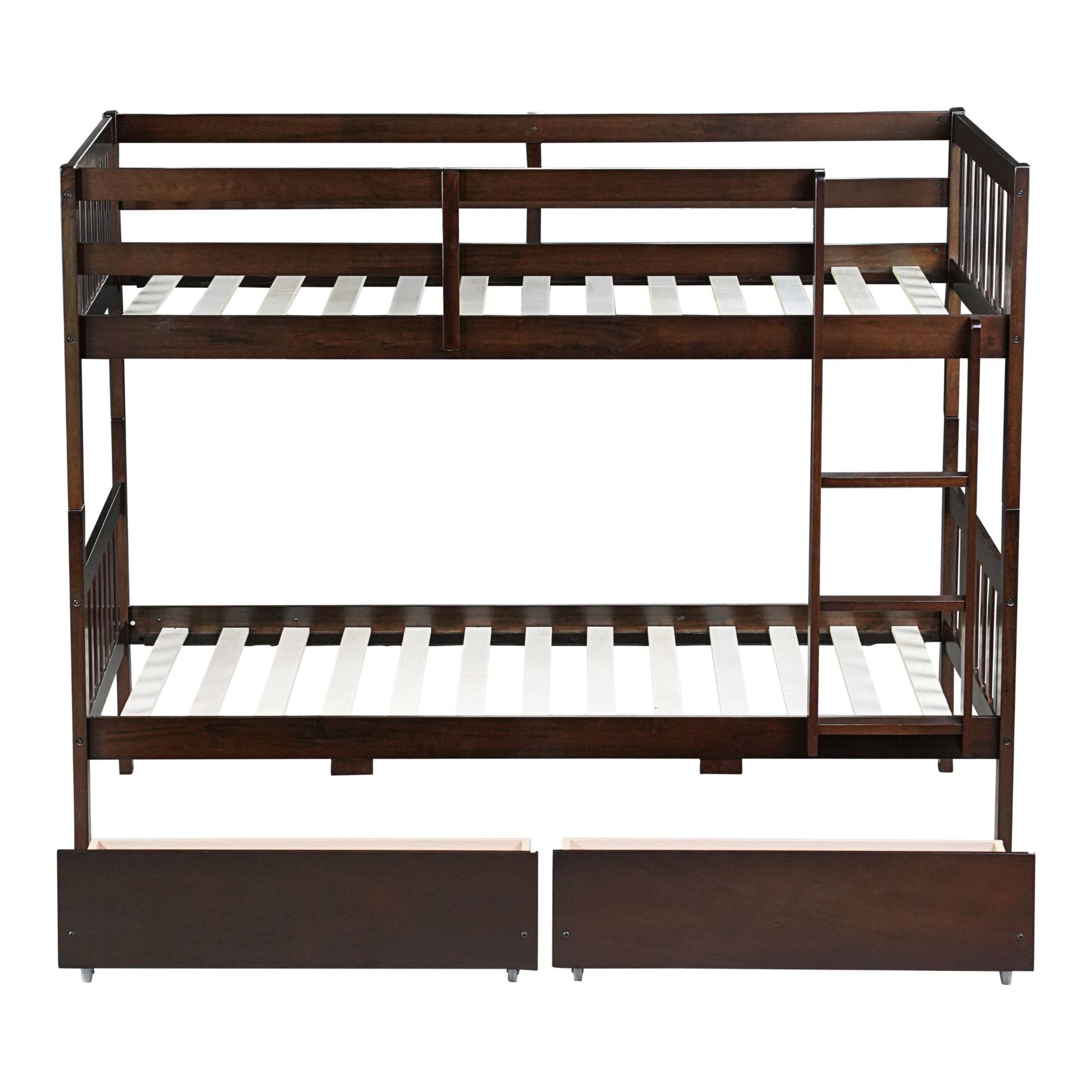 Noble House Twin Over Twin Rubber Wood Bunk Bed, Convertible Design with Ladder, Guardrails and Storage Drawers, Espresso