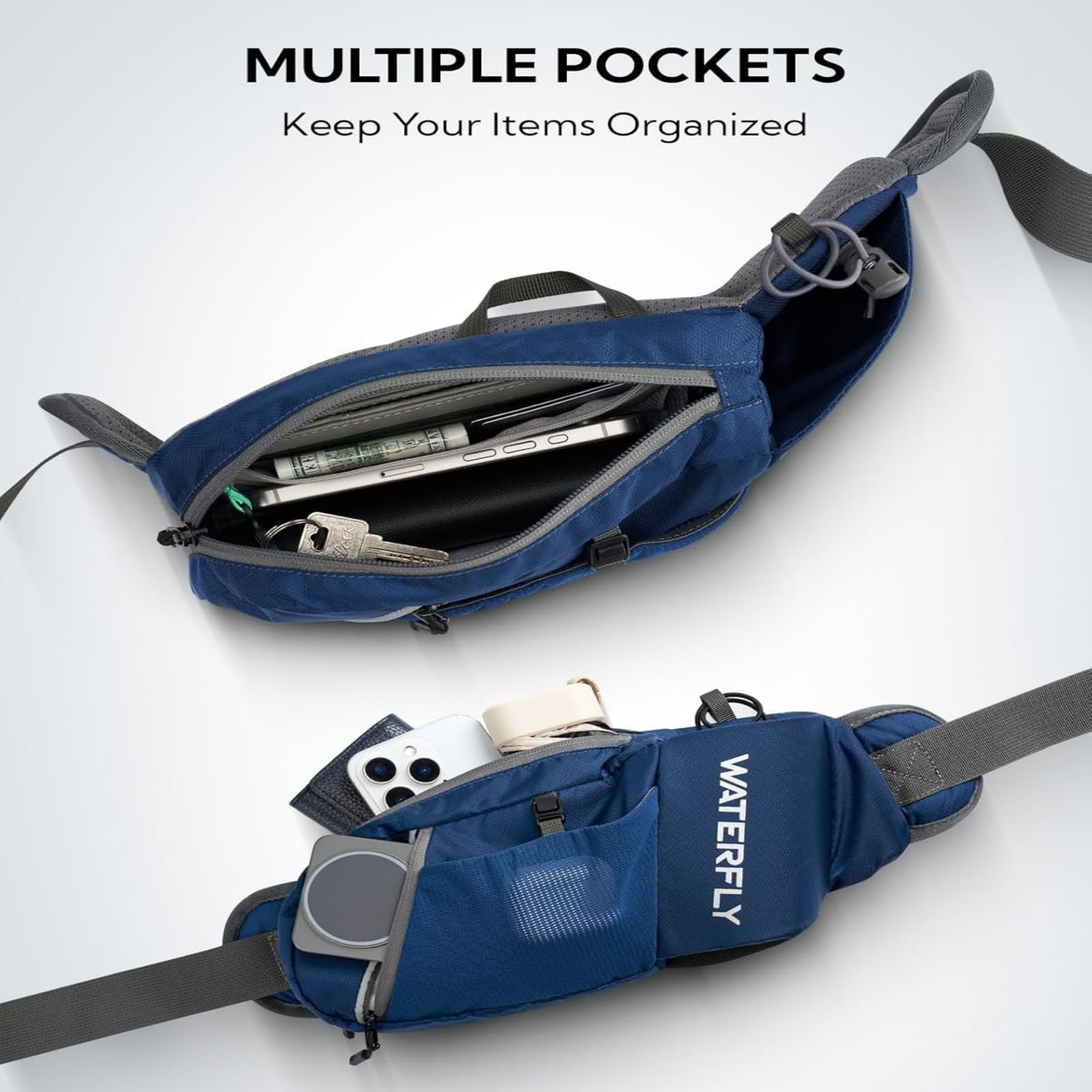 WATERFLY Unisex with Bottle Holder Running Walking Hiking Nylon Fanny Pack Waist Bag,,Blue
